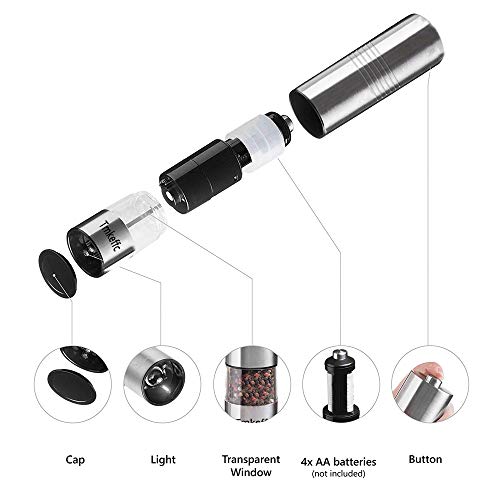 Electric Pepper Mill Set Battery Operated Salt Grinder Stainless Steel Spices Seasoning Shaker, Adjustable Coarseness, Corrosive Ceramic Rotors, LED Light, Transparent Container Design (Pack of 2)