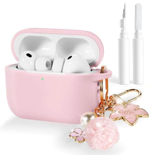 KAJOSRIN for AirPods Pro 3 Case Cover for Women Girls 2025 with Cleaning Kit and Cute Bling Keychain Soft Silicone Protective Case Compatible with Apple AirPods Pro 3rd Generation Accessories Pink