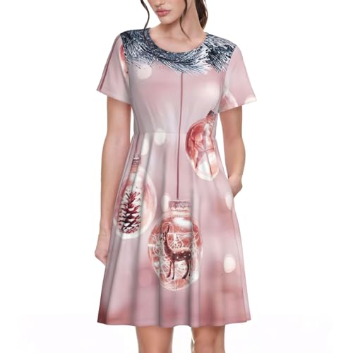 Robe d'été imprimée avec boules de Noël roses, vêtement fluide pour femme