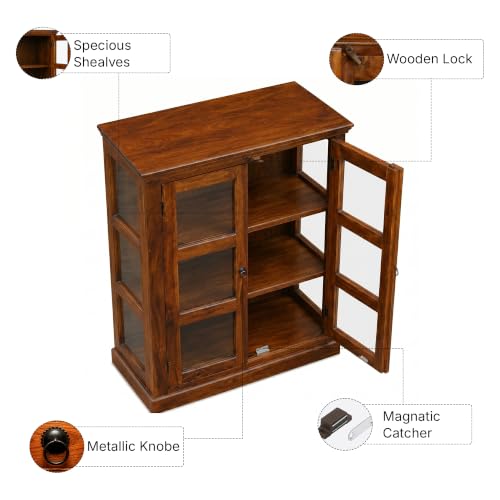 Image of Wood Crockery Cabinet with Glass Door | Wooden Showcase Almirah | Book Shelf Crockery Unit for Home & Kitchen Living Room - (Natural)