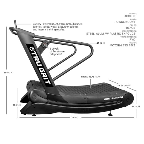 Image of Tru Grit Fitness Runner Manual Treadmill, Exercise Equipment, 6 Resistance Levels, LCD, for Runners and Fitness Enthusiasts - Black