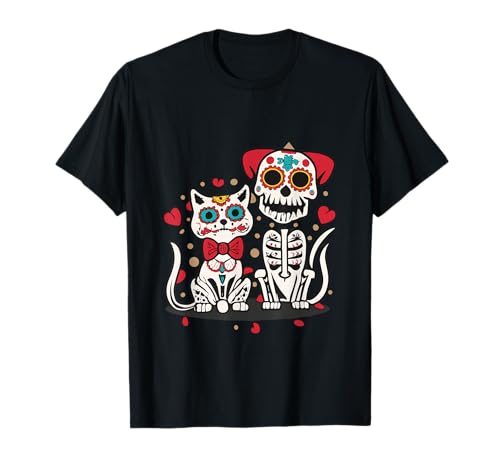 Halloween Dia de Los Muertos Sugar Skull Squelette Chiens & Chat T-Shirt