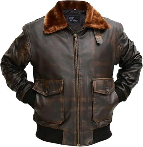 Image of Mens A2 Aviator Cockpit Bomber Leather Jacket - Distressed Pilot Jackets - G1 Fur Collar Flight Leather Jacket