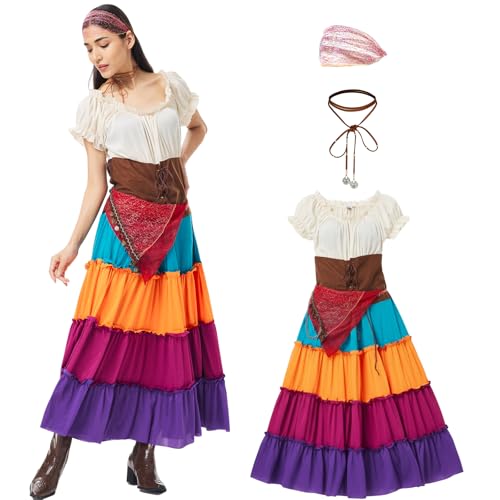 XYHKOBB Gypsy Costume Womens Fancy Pirate Dress Fortune Teller Outfits for Halloween Renaissance Medieval Psychic Cosplay