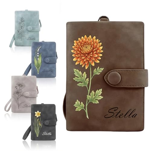 Image of Custom Wallet for Women Personalized Birth Flower & Name Purse Soft Leather Bifold Clutch with Strap Customized Gift for Mom Girlfriend