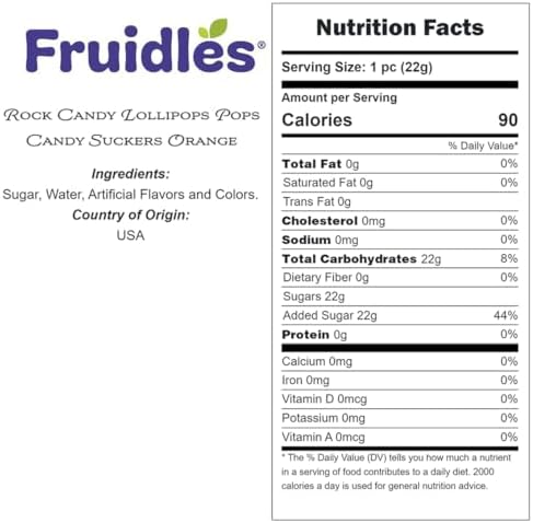 Fruidles Rock Candy Lollipops Pops Candy Suckers, Color and Flavor Assortment, Individually Wrapped, 6.5" (Orange, Pack of 12)