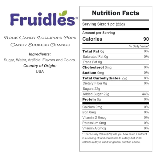 Fruidles Rock Candy Lollipops Pops Candy Suckers, Color and Flavor Assortment, Individually Wrapped, 6.5" (Orange, Pack of 6)