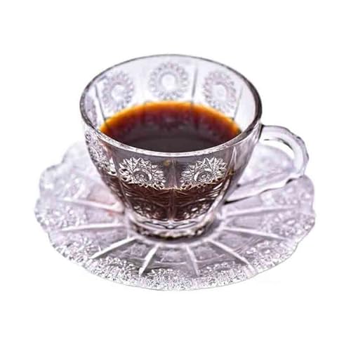 Taza de cristal vintage para desayunos elegantes con platillo y relieve girasol 2