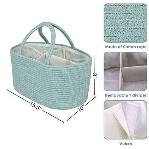 Image of XUANGUO Large Cotton Rope Baby Diaper Caddy Organizer Basket Light Green | Nursery Storage Bin, Portable Baby Tote Bag for Changing Table or Car, Baby Shower Gifts Bag, Newborn Essentials, Registry