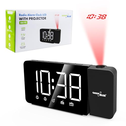 Green Blue GB172 Radio Réveil Numérique avec Projecteur de Temps, Grand écran LED, Radio FM, Alimentation USB, Snooze, 12/24h, Noir