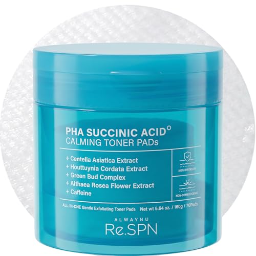 Re.SPN PHA Succinic Acid Calming Toner Pads Daily Exfoliating Pads for Face Hydrating and Soothing with Cica Caffeine Pore Minimizer Non-comedogenic Vegan Glass Skin K-Beauty (70 Count)