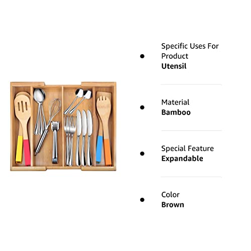 Bamburoba Drawer Dividers Silverware Tray Expandable Utensil Cutlery Tray Bamboo Wooden Adjustable 4 Compartments Flatware Organizer Kitchen Storage Holder For Knives Forks Spoons #TOP7