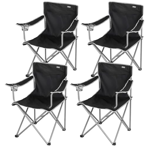 AKTIVE Pack 4 Sillas Plegables de Camping, Negras, Estructura de Acero, Asiento Poliéster, Portavasos Integrado, 48x45x80 cm, Soporta 100 kg