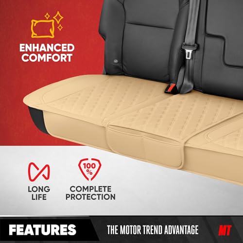 Image of Motor Trend Rear Seat Cushion - Beige Diamond Stitched Faux Leather Rear Seat Cover for Cars, Trucks, SUVs - Padded, Waterproof, Non-Slip Back Seat Cover with Storage Pockets