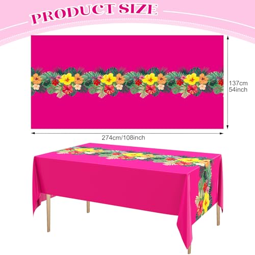 Image of Irenare 6 Sheets Hawaiian Luau Tablecloths for Party Decoration 54 x 108'' Tropical Palm Leaves Table Cloth Hawaii Disposable Rectangular Plastic Table Cover for Summer Beach (Rose Red)