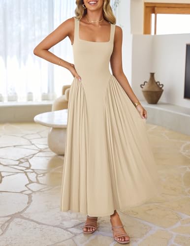 Image of ZESICA Womens 2026 Summer Sleeveless Square Neck Sundress Casual Long Flowy A Line Beach Vacation Maxi Dresses