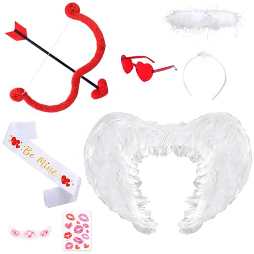 Beipegin Valentines Day Cupid Costume Women Cupid Bow and Arrow Angel Wings Heart Glasses Halo Valentines Sash Valentines Costume Party Props