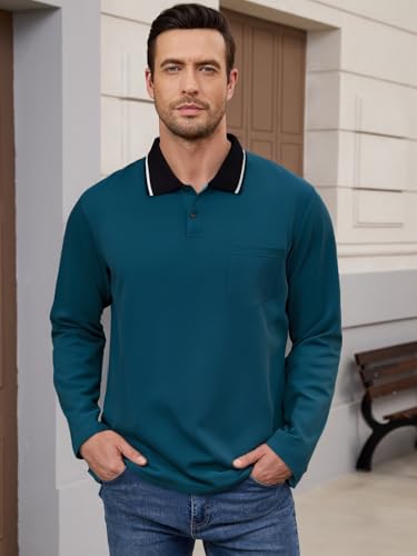 Men's Polo Shirts Long Sleeve Cotton Fashion Polos Tee Shirt Classic Basic Work Collared Shirt with Pocket2