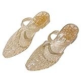 Women's Closed Pointed Toe Chunky Heel Jelly Mules Glitter Clear Slip On Hollow Out Low Heel Slide Sandals Soft Non-Slip Transparent Jelly Shoes (Gold,6)