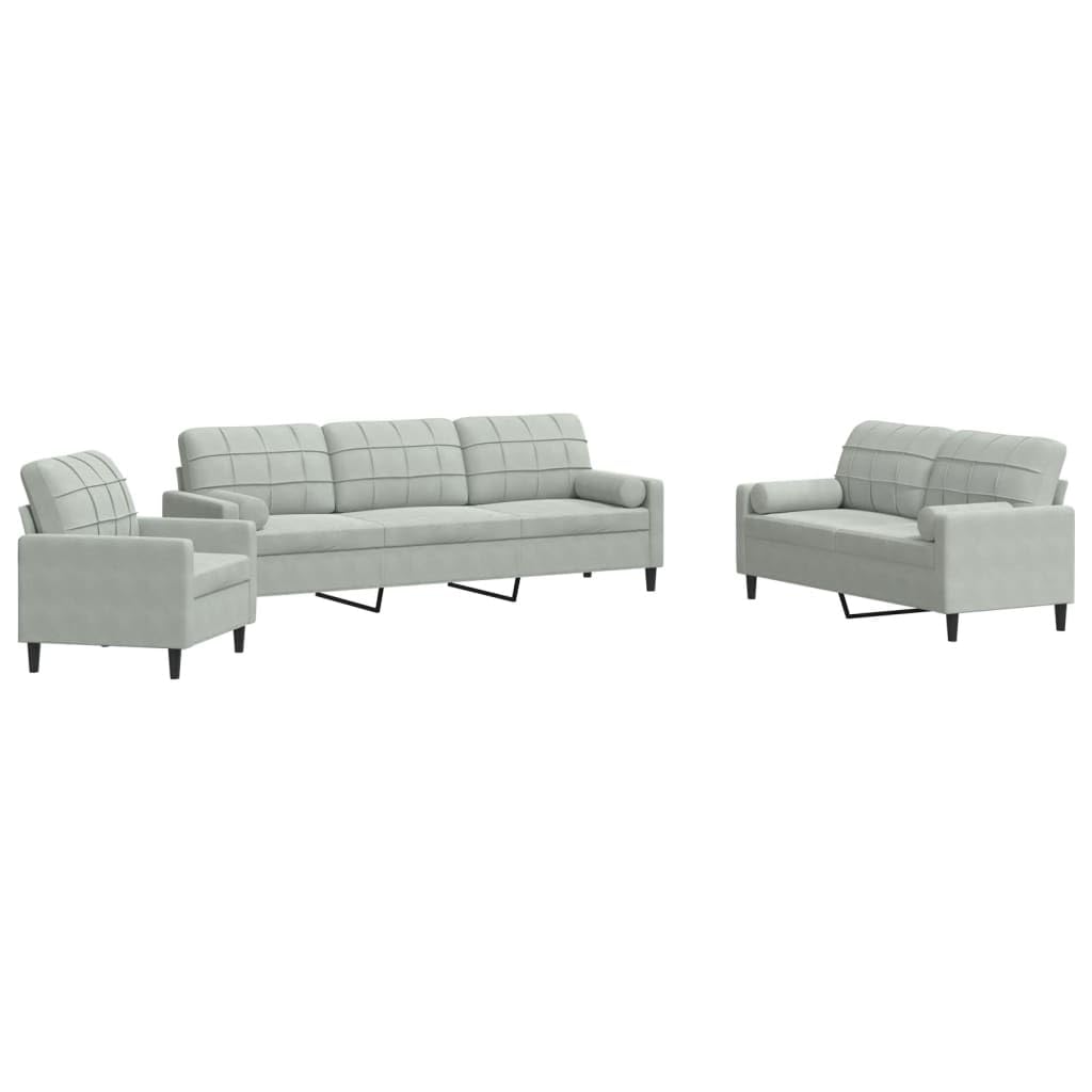 3-częściowy komplet sof, jasnoszary, aksamitny, w zestawie z fotelem, 2-i 3-osobowa sofa, z poduszkami i rolkami pod kark, wytrzymały metalowy stelaż do salonu