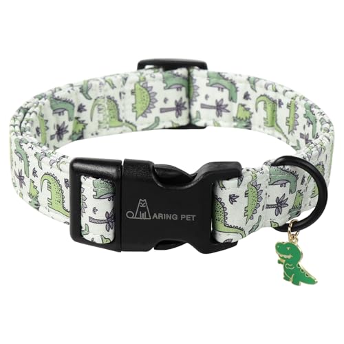 ARING PET Hundehalsband, Hundehalsband mit Grünen Dinosauriern Bedruckt, Niedliches Halsband aus Baumwolle mit Schnellverschluss aus Kunststoffschnalle für Jungen und Mädchen Hunde