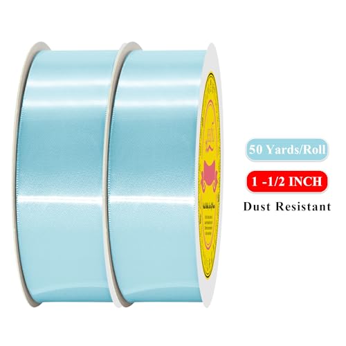 Image of 100 Yards Lt Blue Satin Ribbon Polyester Ribbon for Gift Wrapping Very Suitable for Weddings Party Hair Bow Invitation Decorations and More（1-1 /2 inch X 50Yards X 2 Roll）