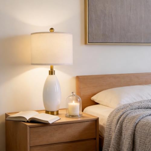 Image of USumkky 24 inch White Oval Ceramic Table Lamp Set of 2, Modern Minimalist Bedside Nightstand Lamps for Bedroom Living Room, Linen Shade & Gold Metal Base, Rotary Switch E26 (Bulbs Excluded)
