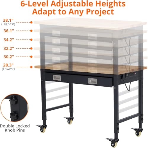48\"x 24\" Workbench with Drawer for Garage, Rolling Heavy-Duty Worktable with Backplate & Light Strip, Adjustable Height Rubber Wood Top Shop Table for Workshop, 2000LBS Load Capacity