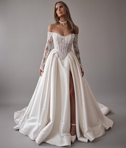 Zeeyecie Off The Shoulder Long Sleeve Satin Wedding Dresses A-Line Beaded Lace Applique Sparkly Bridal Gowns for Brides3