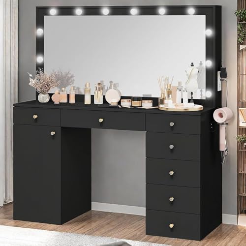 DWVO 56'' Makeup Vanity with Mirror and Lights, Large Vanity Desk with Power Outlet, 7 Drawers, Cabinet, 3 Color Modes Adjustment with 12 LED Lights, Storage Dressing Table for Bedroom, Black