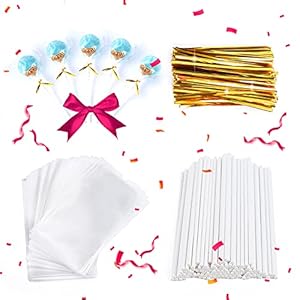 300 Count Cake Pop Sticks And Wrappers Kit, Including 100 Count 6-Inch Length 1/5-Inch Diameter Paper Lollipop Sticks, 100 Count Candy Treat Bags, 100 Count Gold Twist Ties
