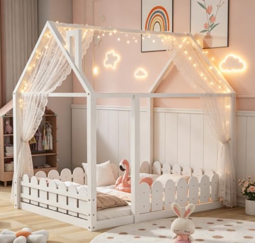Bellemave Full House Floor Bed with Rail for Kids, Wood Montessori Floor beds with roof for Kids,no slats White