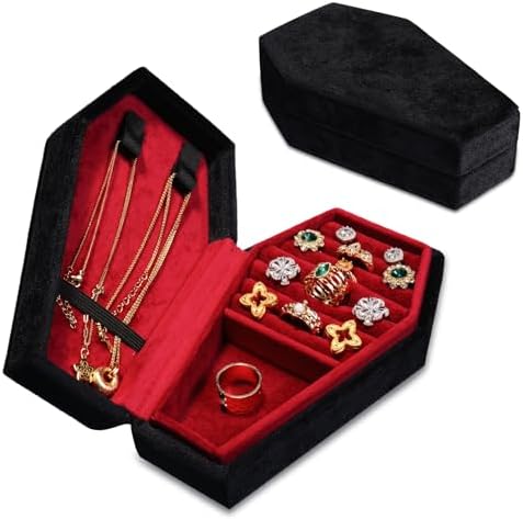 Gothic Coffin Jewelry Box for Women, Plush Velvet Travel Jewelry Organizer, Small Portable Jewelry Storage Case for Rings Earrings Necklaces, Halloween Home Decor Gift