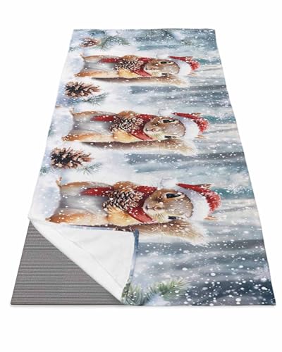 DecorLovee Yoga Mat Towel for Hot Yoga, Squirrel Christmas Absorb Sweat Microfiber Yoga Towel Non Slip Yoga Mat Towel with 4 Corner Pockets for Bikram, Pilates, Xmas Snowflake Forest 26