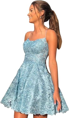 Tulle Prom Dresses Spaghetti Strap Lace Applique Short Evening Dresses