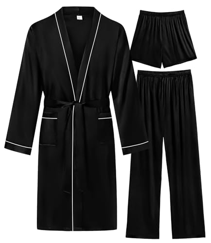Image of SWOMOG Mens 3 PCS Satin Robe with Pants & Shorts Set Kimono Bathrobe Long Sleeve Sleepwear Pjs Sets with Pockets