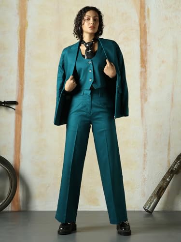 Image of High Star Women High Rise Solid Regular Length Wide Leg Casual Trousers