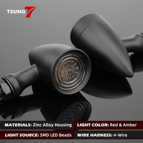 Image of TSUNG Universal Motorcycle LED Turn Signals Small Bullet Front Rear Blinkers Tail Lights for Cruiser Chopper Bobber Cafe Racer Street Bike (Red&Amber Light-Black)