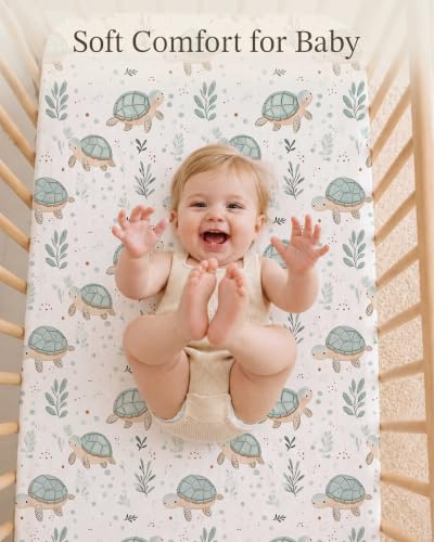 Image of Crib Sheets for Boys and Girls, 2 Pack Fitted Baby Sheets for Standard Toddler Mattress 28 inch x 52 inch, Soft Breathable Jersey Knit Baby Bedding (Turtle & Shark)