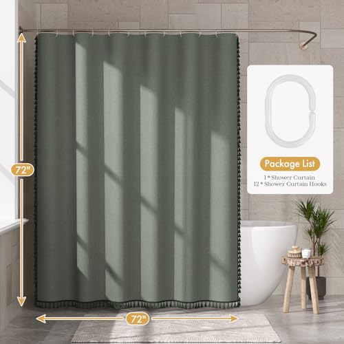 Image of AmazerBath Farmhouse Shower Curtain, Sage Green Linen Shower Curtain with 3 Side Green Tassel, Boho Shower Curtain Set with 12 Upgraded Hooks for Neutral Country Bathroom, 72x72 Inches