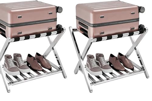 Image of Stainless Steel Folding Luggage Rack for Guest Room Foldable luggage Racks for Suitcase Stand with Nylon Straps, Luggage Stand Double Tiers SS Luggage Holder with Shelf for Bedroom, Hotel, No Assembly Required (Stainless Steel Luggage Rack 2 piece)