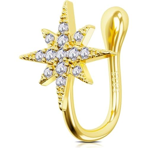 OUFER Fake Nose Rings, 925 Sterling Silver Clip On Nose Ring, Clear CZ Nose Cuffs, Gold Faux Septum Nose Piercing Jewelry, Non Pierced Jewelry for Women Men-Octet