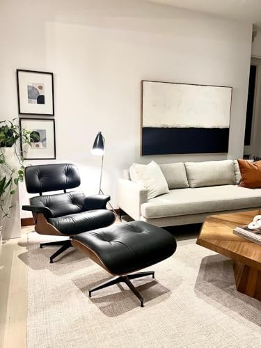 Image of Top Black Grain Leather, Mid Century Chaise Lounge Chair and Ottoman, Modern Chair Classic Design, Walnut Wood, Heavy Duty Base Support for Living Room Office (Light Walnut)