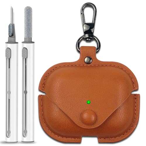 for Airpods Pro 3 Leather Case Cover with Cleaner Kit [Front LED Visible] Protective Cover for Apple AirPods Pro 3 (2025) Wireless Charging Shockproof Case with Keychain and Snap Lock (Brown)