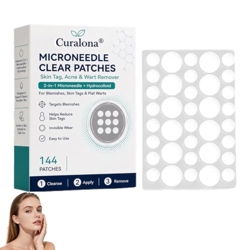Curalona Microneedle Clear Patches - 144 Pcs 2-in-1 Microneedle & Hydrocolloid Patch Pimple Patches Skin Tag Removal Patches for Face & Body Natural Ingredients for All Skin Types (1 Pack)