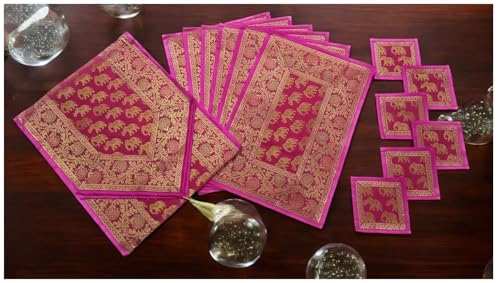 Image of Diwali Room Decor Silk Table Runner Placemats Tea Coaster Set for Living Room 4 to 6 Seater Dinning Table Table Mat Set Centre Table Top Decor Pack of 13 Pcs (Pink)