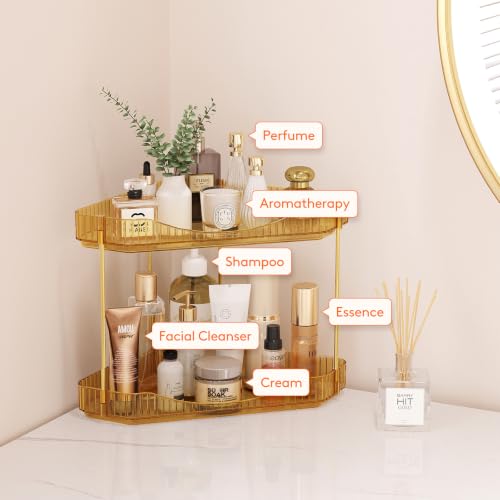 Image of Lifewit 2-Tier Corner Bathroom Counter Organizer, Plastic Makeup Skincare Organizers Storage Countertop, Large Sink Cosmetic Perfume Shelf for Bedroom, Dresser, Kitchen, Vanity, Gold, 25 cm /10inch(H)