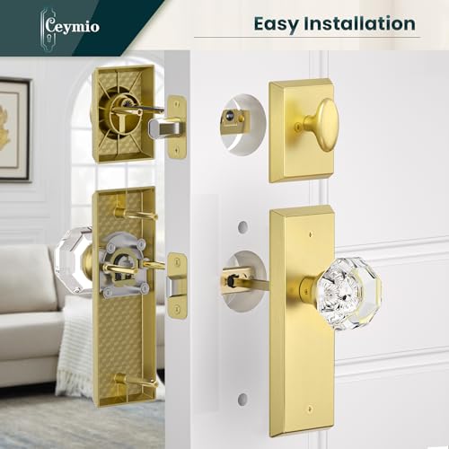 Image of Glass Door Knobs with Single Cylinder Deadbolt Lock Set - Brushed Gold Crystal Passage Knob for Interior /Exterior Doors - Vintage Diamond Bedroom Bathroom Closet Handles