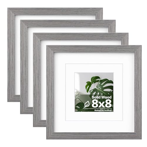 Egofine 8x8 Picture Frames Made of Solid Wood with Plexiglass, Display Pictures 4x4/6x6 with Mat or 8x8 Without Mat Set of 4 for Tabletop and Wall Mounting, Light Grey