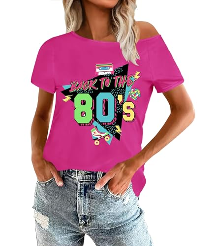 OCURHU 80s Costumes for Women Back to The 80's Off Shoulder Top Disco 80s 90s Theme Party Outfit Neon Pink M